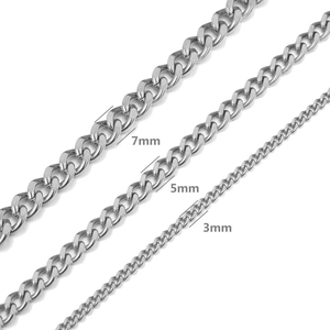 Three sizes of silver curb chains in 3mm, 5mm, and 7mm widths shown on white background