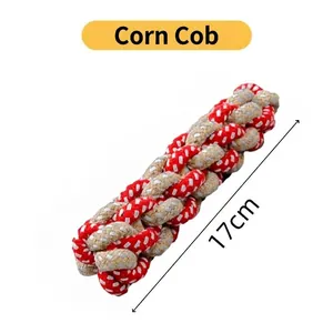Detailed close-up of a 17cm corn cob shaped cotton rope chew toy for dogs with 17cm scale