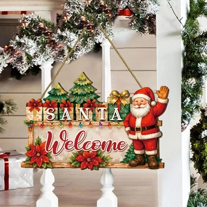 Santa Claus Welcome Wood Sign Christmas Hanging Door Decoration Rustic Wooden Plaque With Hemp Rope For Home Wall