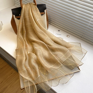 Women Elegant Silk Wool Blend Scarf Thin Pinstripe Shawl Summer Air Conditioning Room Wrap Lightweight Commuting Long Scarf