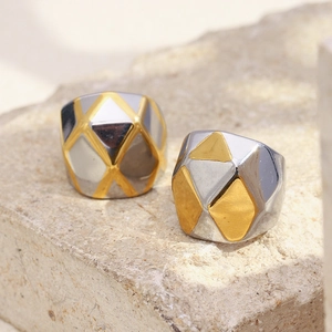 Geometric Faceted Ring Stainless Steel 18K Gold Plated Two Tone Irregular Modern Industrial Design For Women