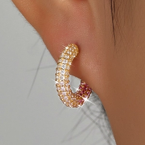 925 Sterling Silver C-Shaped Hoop Earrings With Gradient Cubic Zirconia Inlaid Fashion Jewelry For Women