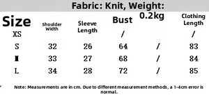 Size chart for knit mini dress showing measurements in centimeters for S, M, and L sizes
