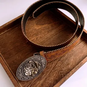 Vintage Women Belt Faux Leather With 3D Rose Flower Relief Oval Alloy Buckle Floral Embossed Beaded Edge Western Style
