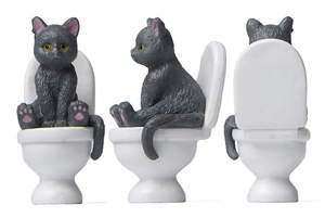 Detailed 360-degree view of a grey striped cat sitting on a white toilet miniature figurine