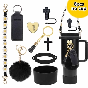 8-piece black glitter cross straw cover and daisy woven lanyard set for tumblers