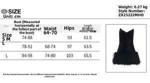 Detailed size chart with measurements for the strapless cocktail dress with feather trim