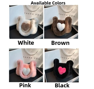 Collage of plush heart shoulder bags in four colors: white, brown, pink, and black
