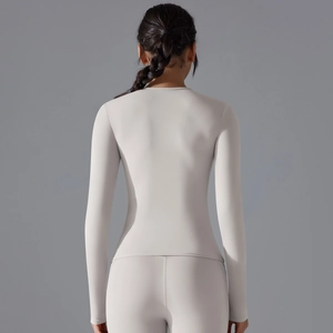 Slim fit long sleeve yoga top showing back view and premium stretch fabric in grey-white