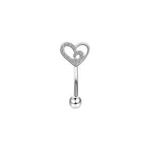 Detail of silver heart-shaped eyebrow ring with sparkling cubic zirconia on white background