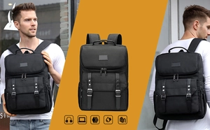 Black Oxford laptop backpack with USB port and multiple functional compartments