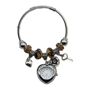 Creative beaded flower charm bracelet watch with silver heart and key pendants for women