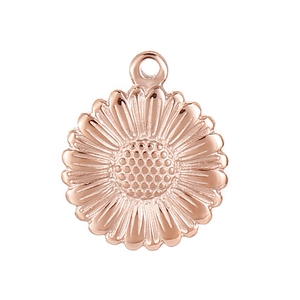 Détail d'un pendentif tournesol en acier inoxydable or rose avec finition polie