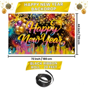 New Year backdrop banner 72x44 inch with fireworks, balloons and 20ft black ribbon set