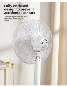 Detail of white fine mesh fan safety cover with secure full-wrap elastic back design