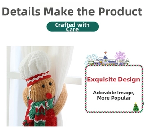 Detail of gingerbread man curtain tie-back with chef hat and colorful knitted scarf