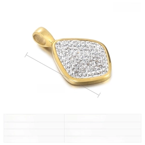 Detailed view of gold stainless steel trapezoid pendant with full rhinestone inlay