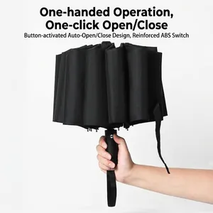 Automatic black three-fold umbrella with UV protection and non-slip handle for rain and sun