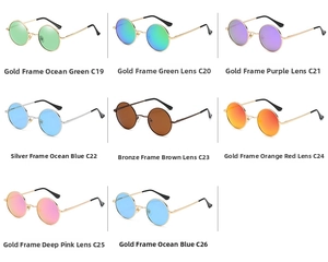 Grid view of retro round polarized sunglasses in multiple lens colors and metal frames