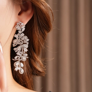 Gros plan sur les boucles d'oreilles luxe à pompons avec zircons sur un modèle