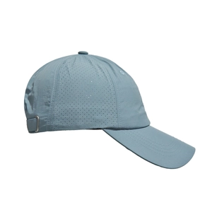 Close-up of light blue quick-dry baseball cap with side laser-cut ventilation holes