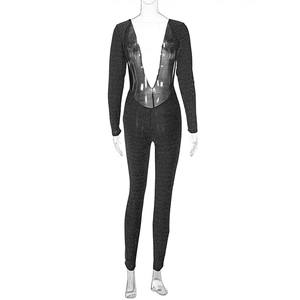 Detail view of sparkly black V-neck bodysuit with metallic finish and slim-fit long sleeves