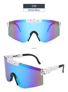 Close-up of white frame sunglasses with blue coated lens and black speckled texture