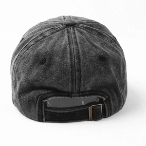 Vintage washed grey cotton baseball cap showing back view with adjustable metal buckle