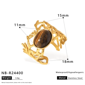 Détails de la bague en œil de tigre doré montrant les mesures 11mm/15mm/18mm et tailles