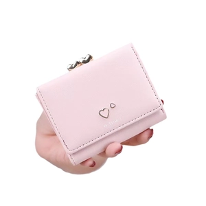 Pink minimalist women's bi-fold small wallet with metal heart buckle and PU leather texture