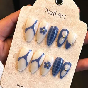 Blue White Floral Croc Pattern Almond Press On Nails French Style Artificial Fake Nails With Gold Bead Accents Long Pointed Manicure Jewelry