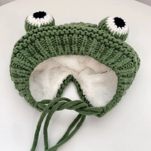 Cute green frog knitted baby winter hat with soft fleece lining and secure chin ties