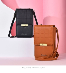 Detail view of black and brown leather crossbody bags with gold buckles and quilted flaps