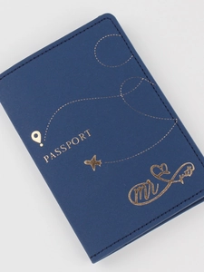 Dark blue PU leather passport cover with gold hot stamping and stitching detail