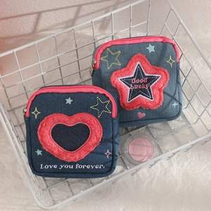 Denim Fabric Square Cosmetic Bag Pink Heart Star Embroidery Mini Makeup Storage Pouch Zipper Coin Purse For Girls