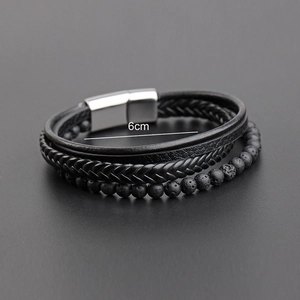 Men's multilayer black braided leather bracelet with lava stone and silver magnetic clasp