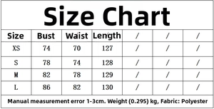 Size chart for tiered tie-strap dress with measurements for XS, S, M, and L sizes