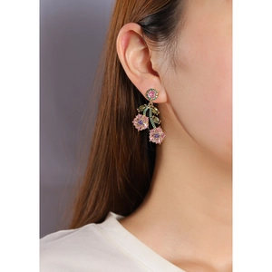 Elegant s925 silver needle floral earrings with pink zircon and green leaf details