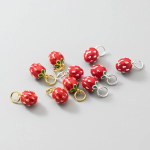 S925 silver plated red enamel strawberry charms for DIY jewelry making accessories