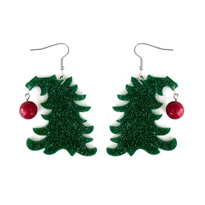 Glittery green Christmas tree earrings with red beads on a clean white background