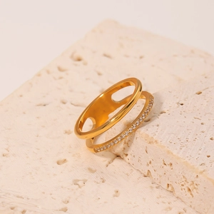 Double layered gold stainless steel ring with micro-pave crystals in minimalist style