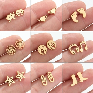 Fashion Stainless Steel Stud Earrings For Women Minimalist Tiny Geometric Cactus Music Note Star Boot Paperclip Piercing Ear Jewelry