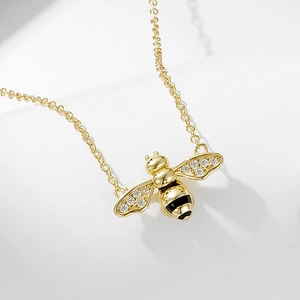 925 Sterling Silver Bee Pendant Necklace For Women Hand Painted Enamel Rhinestone Inlaid Gold Plated Clavicle Chain Jewelry Gift