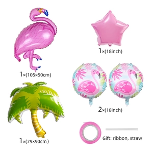 Tropical party balloon set with flamingo, palm tree and star foil balloons dimensions