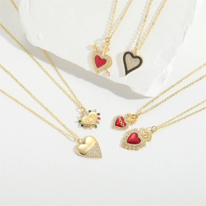 Vintage gold heart pendant necklaces with colorful enamel and zircon crystals set