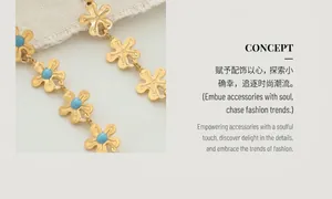 Detailed close-up of matte gold flower necklace with blue gemstone inlay on stone base