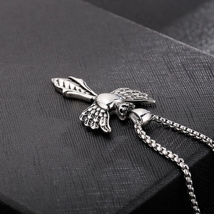 Polished silver stainless steel angel wings and sword pendant necklace with box chain