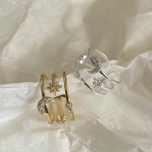 925 silver double layer ring set featuring moon star charms and sparkling zircons