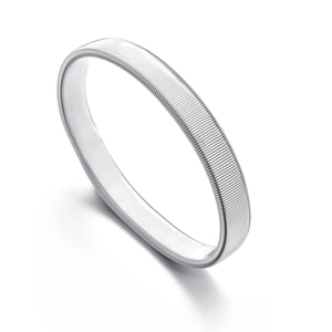 Detailed close-up of a silver elastic metal armlet with braided mesh texture and shine