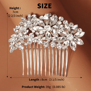 Detailed view of silver bridal hair comb with rhinestones showing size 8x7cm and 39g weight